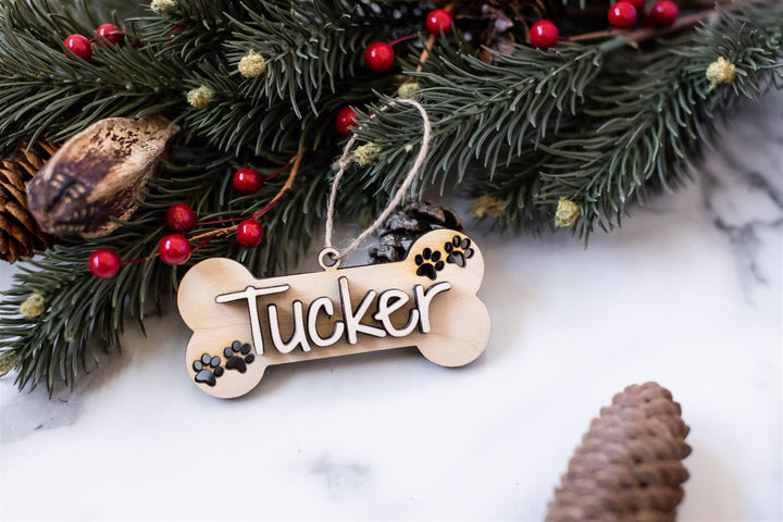 Personalized Bone Shaped Pet Ornament. Laser Pet Orn Bone & Paws