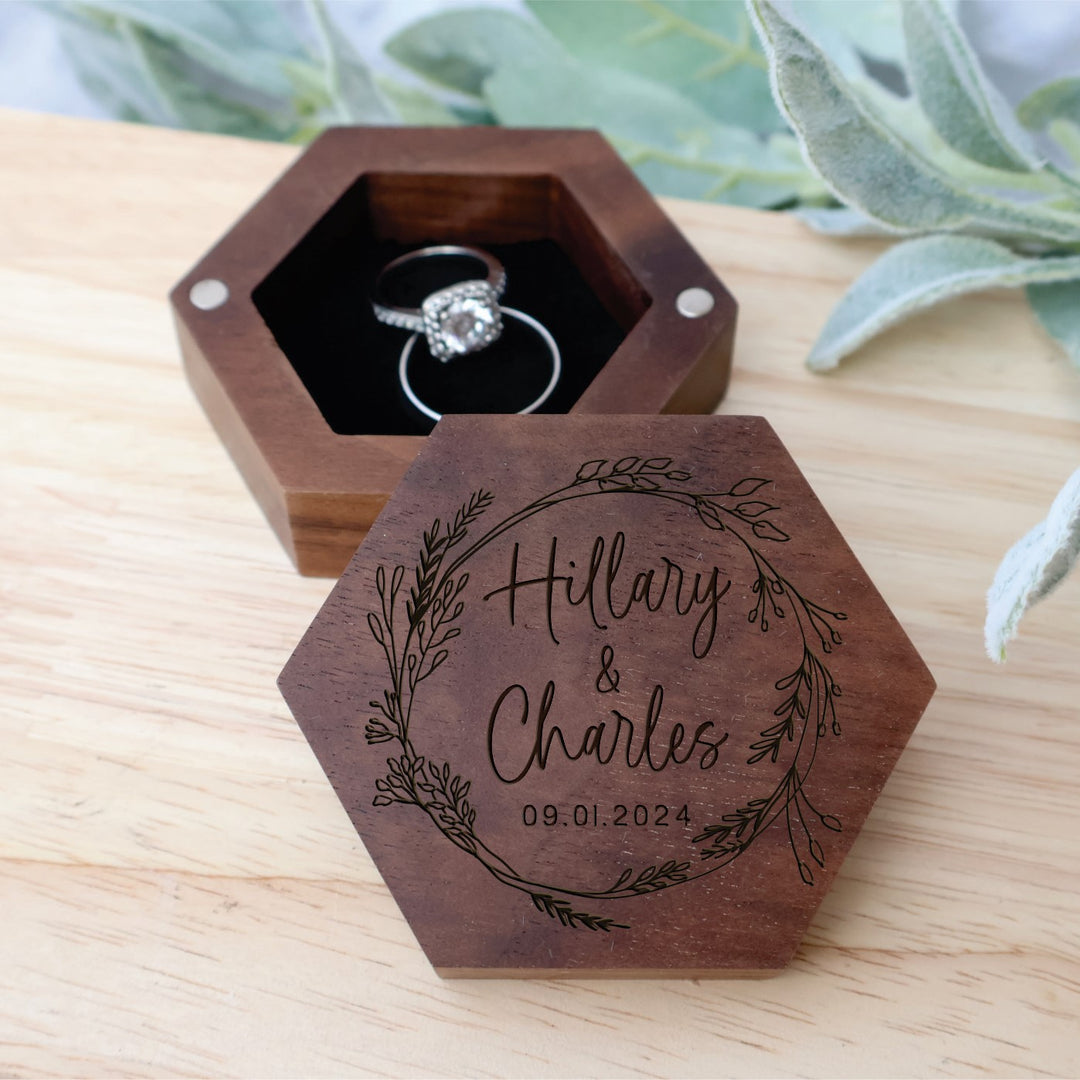 Hexagonal Wedding Ring Box For Proposal or Wedding Day. Engraved Hex Ring