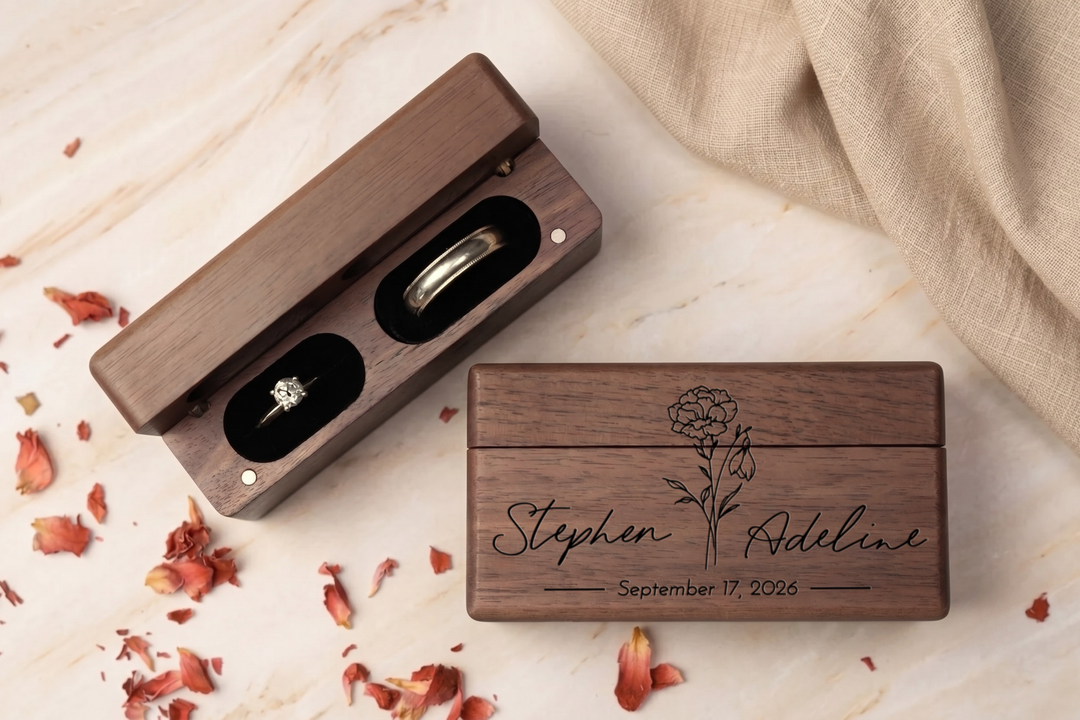 Wooden Wedding Ring Box With Custom Name