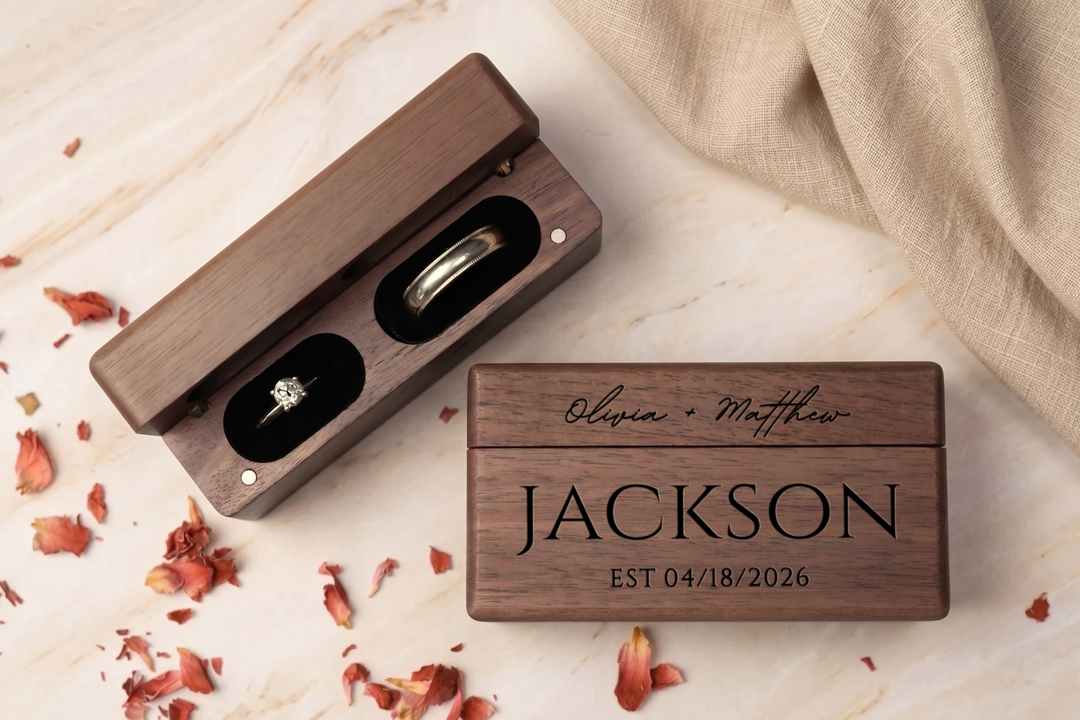 Wooden Wedding Ring Box With Custom Name