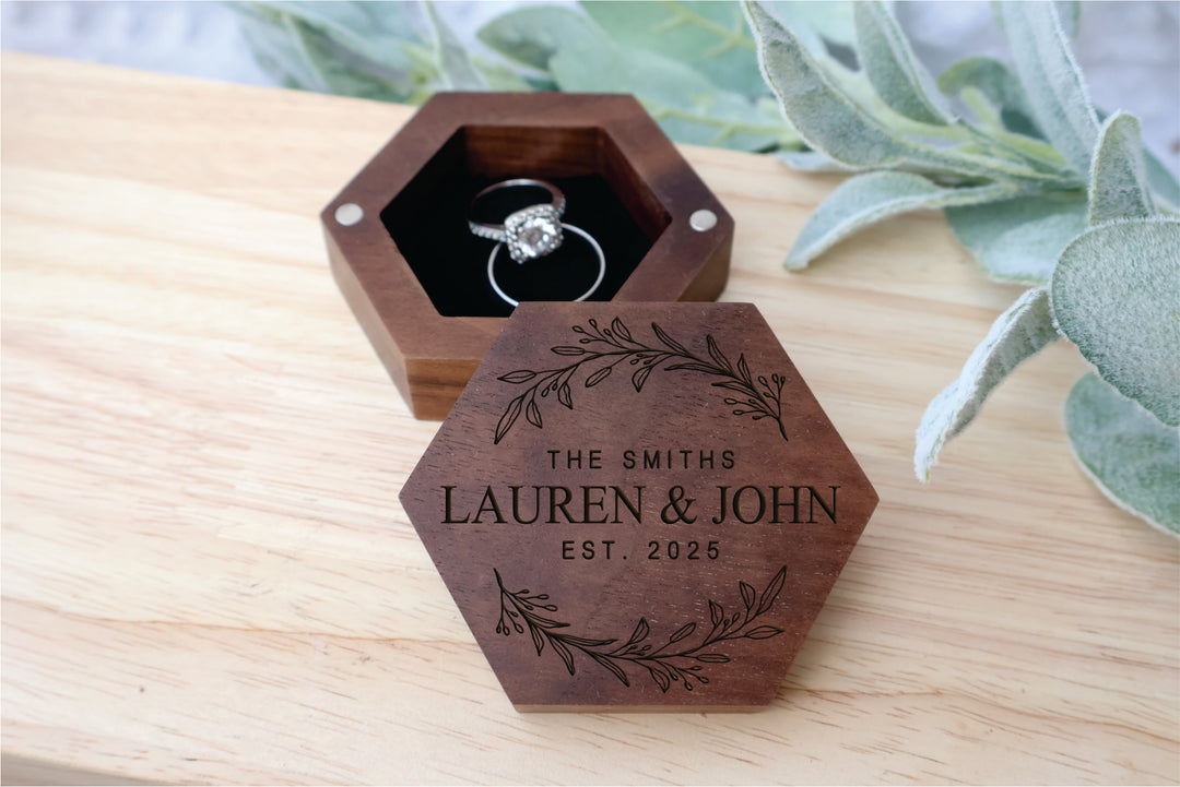 Hexagonal Wedding Ring Box For Proposal or Wedding Day. Engraved Hex Ring