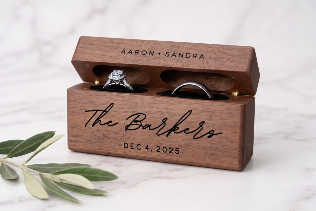 Wooden Wedding Ring Box With Custom Name