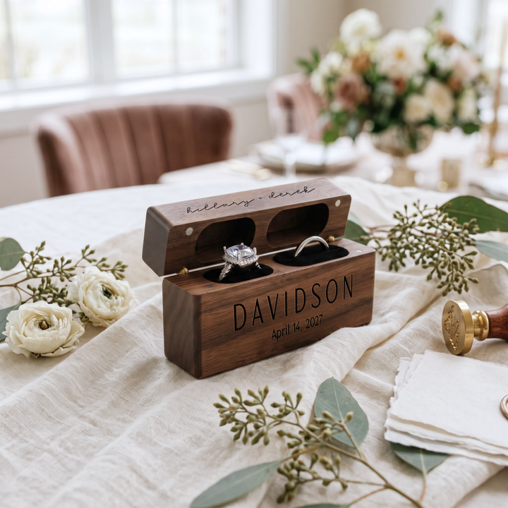 Wooden Wedding Ring Box With Custom Name