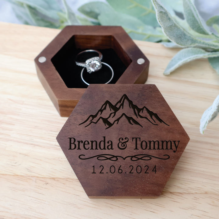 Hexagonal Wedding Ring Box For Proposal or Wedding Day. Engraved Hex Ring