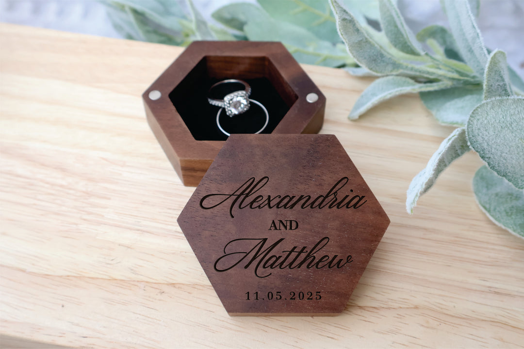 Hexagonal Wedding Ring Box For Proposal or Wedding Day. Engraved Hex Ring