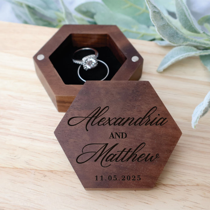 Hexagonal Wedding Ring Box For Proposal or Wedding Day. Engraved Hex Ring