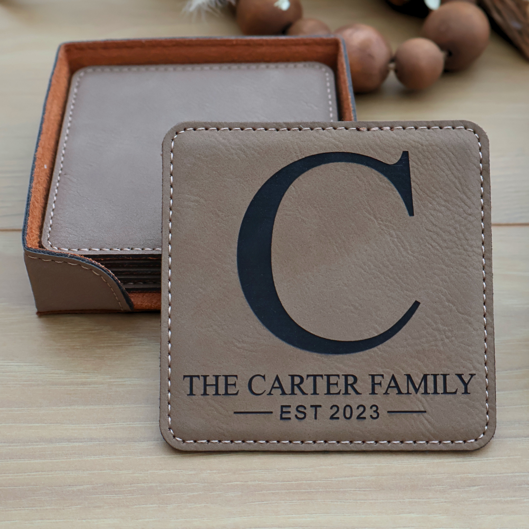 Custom Leatherette Square Coasters. Set of 6. Engraved Square Leatherette Coasters