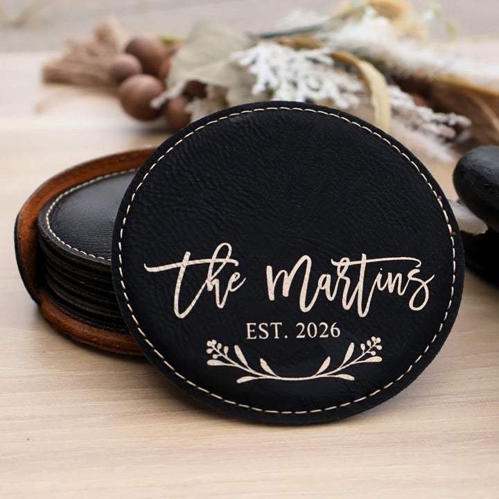 Custom Coaster Set. Engraved Round Leatherette Coasters