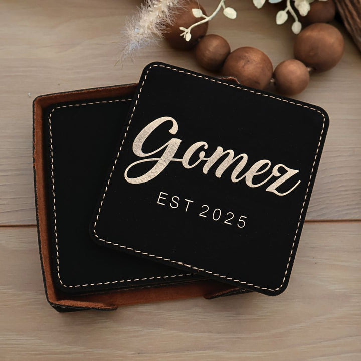 Custom Leatherette Square Coasters. Set of 6. Engraved Square Leatherette Coasters