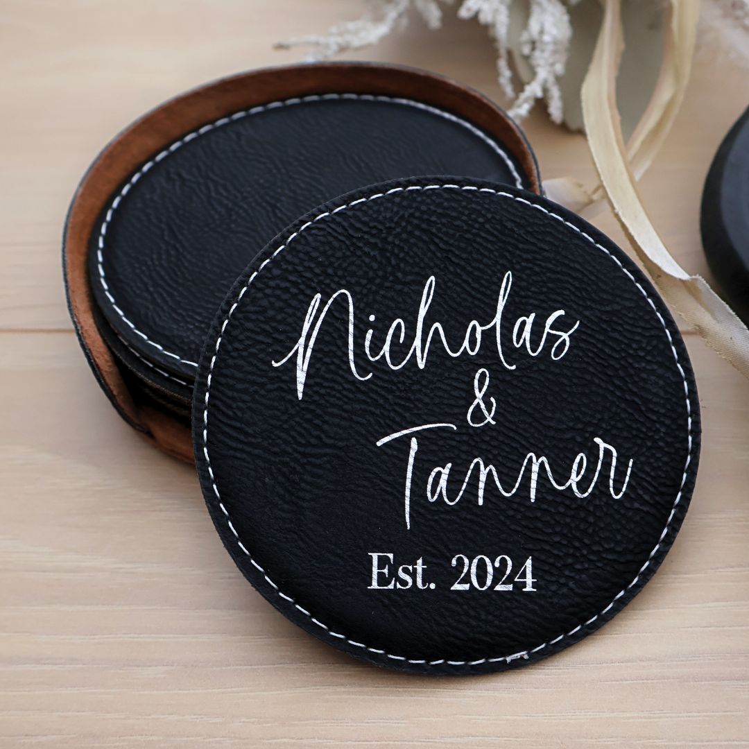 Custom Coaster Set. Engraved Round Leatherette Coasters