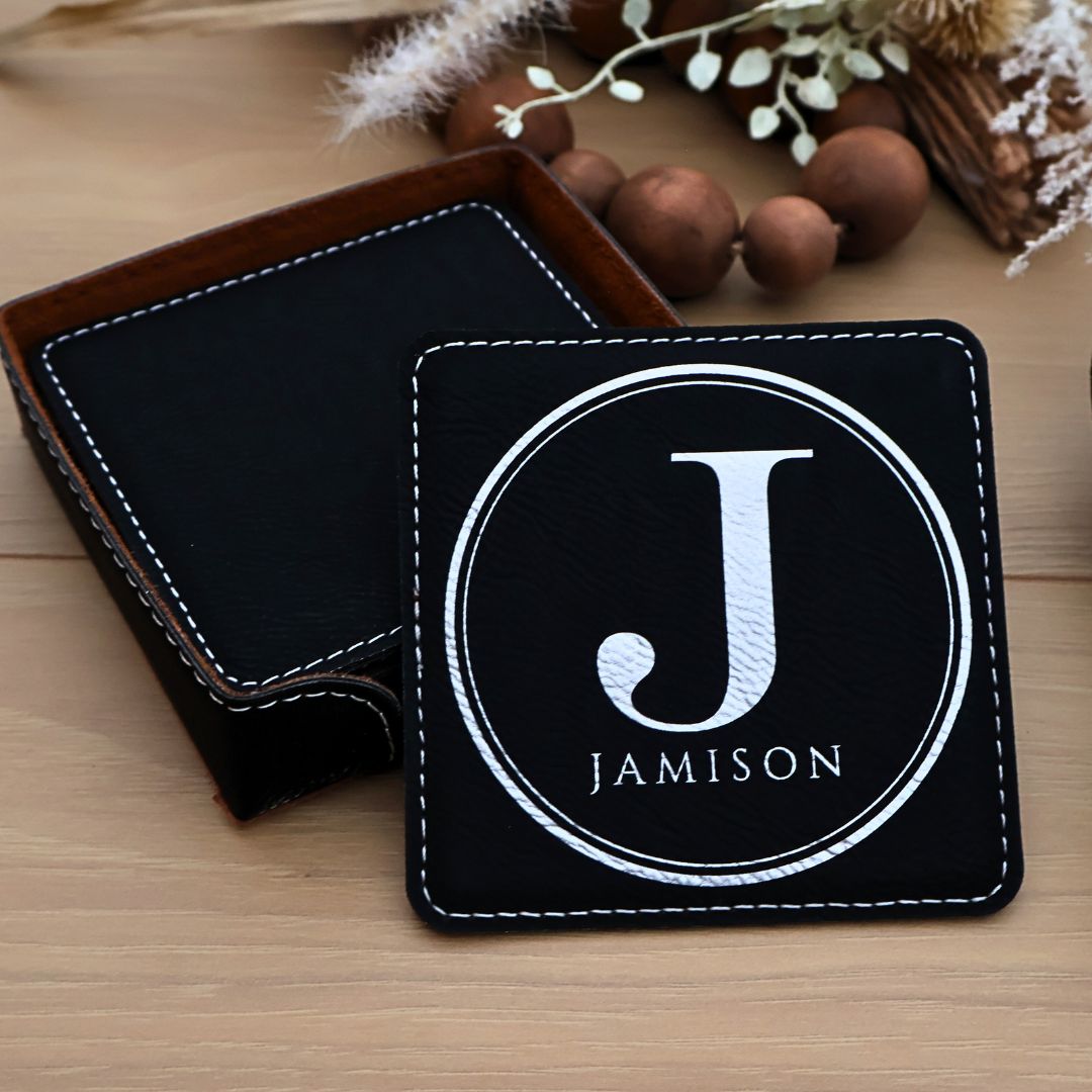 Custom Leatherette Square Coasters. Set of 6. Engraved Square Leatherette Coasters