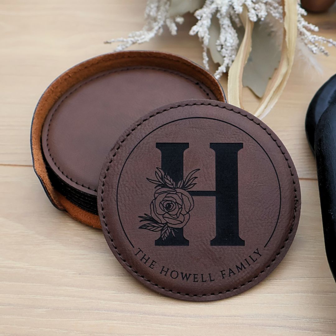 Custom Coaster Set. Engraved Round Leatherette Coasters