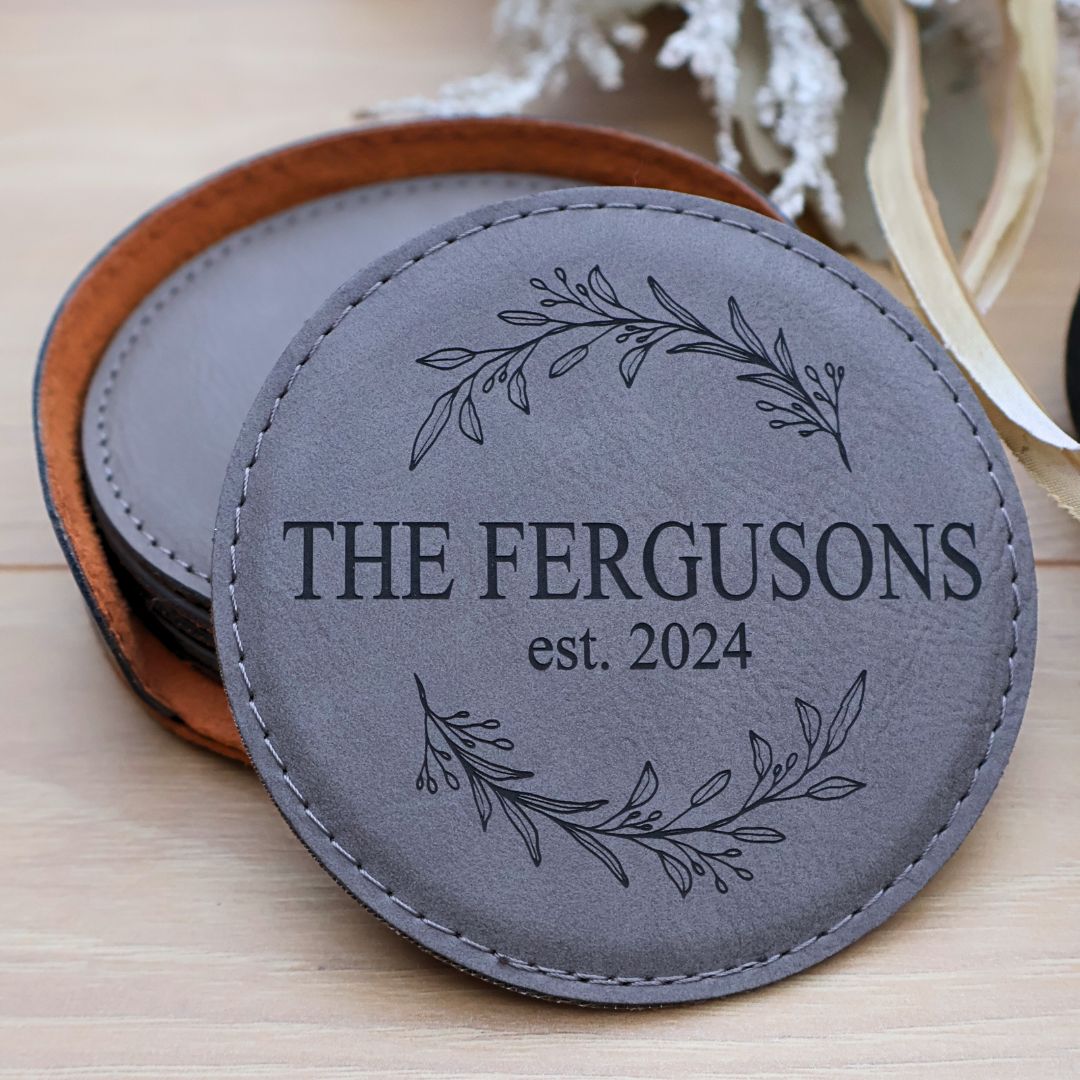 Custom Coaster Set. Engraved Round Leatherette Coasters