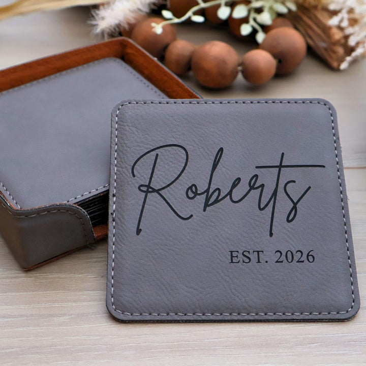 Custom Leatherette Square Coasters. Set of 6. Engraved Square Leatherette Coasters