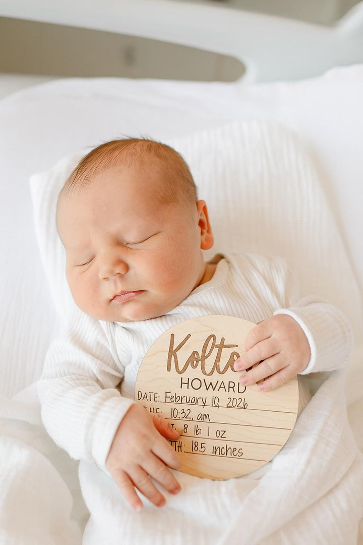 Dual-Sided Stat + Name Wooden Birth Name Disc For Hospital