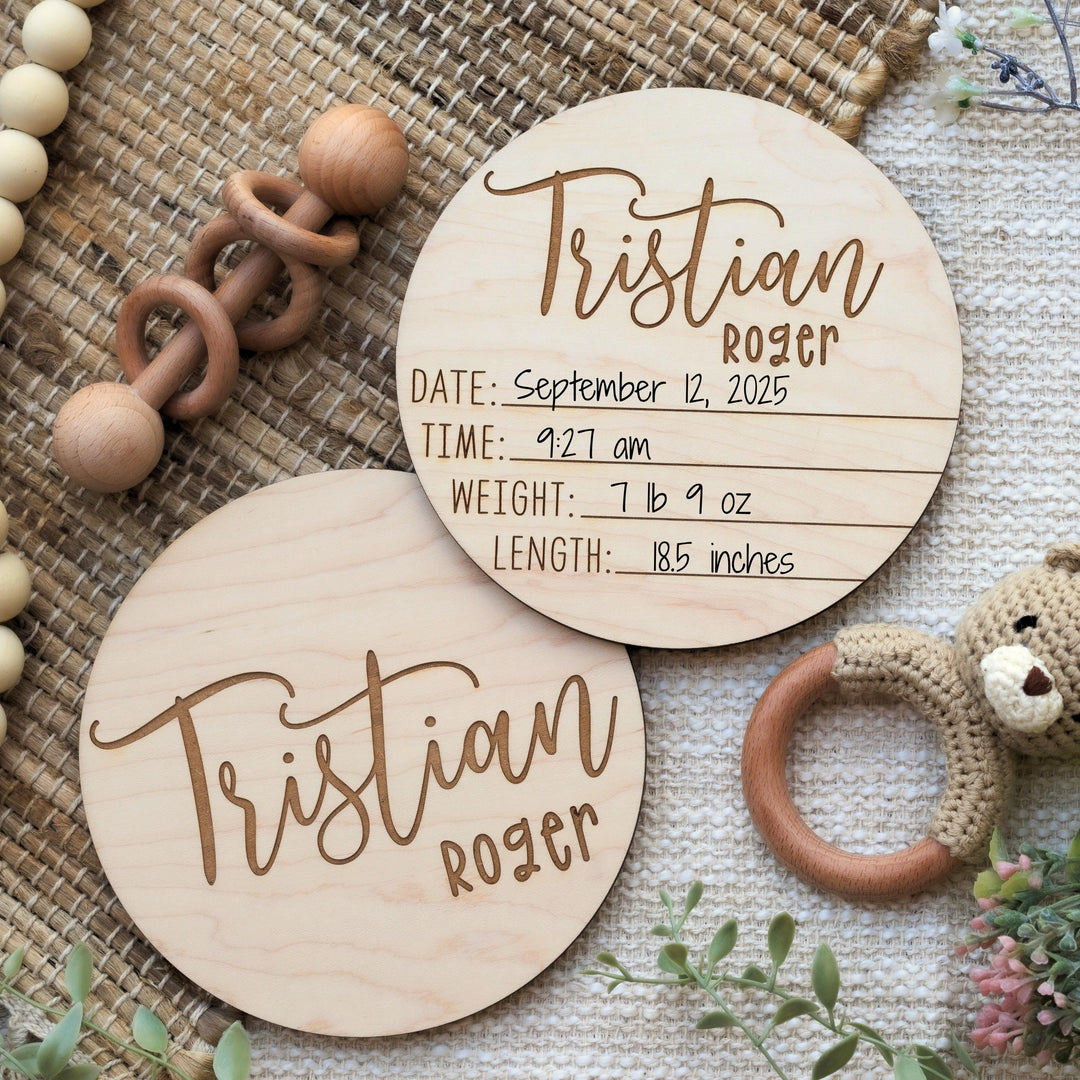 Birth Announcement Name &amp; Stat Disc - Dual-Sided