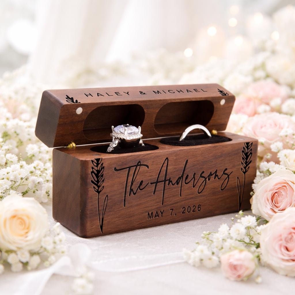 Engraved Wood Double Slot Wedding Ring Box