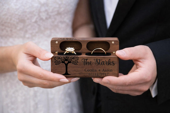 Engraved Wood Double Slot Wedding Ring Box