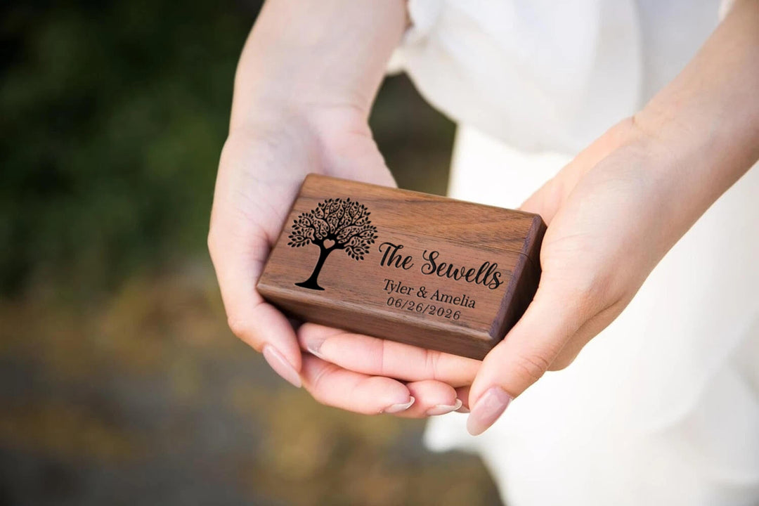 Wooden Wedding Ring Box With Custom Name