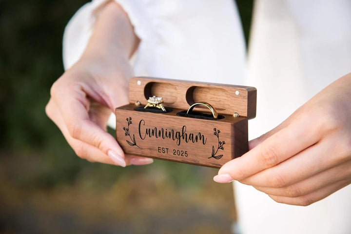 Engraved Wood Double Slot Wedding Ring Box