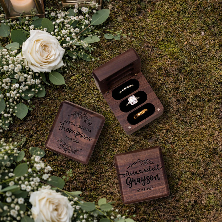 Personalized Walnut Triple Ring Box (3 Slot)