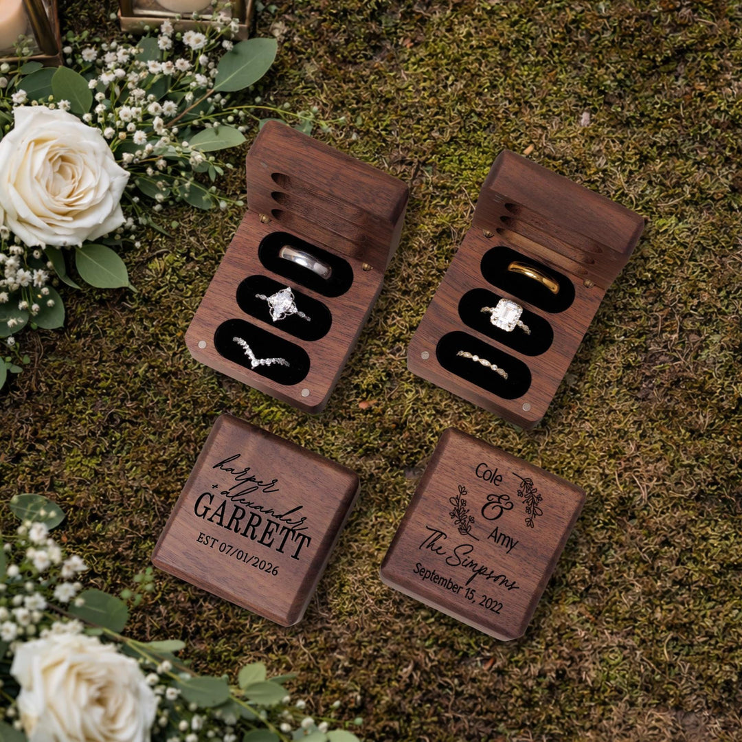 Personalized Walnut Triple Ring Box (3 Slot)