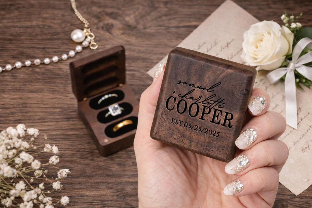 Personalized Walnut Triple Ring Box (3 Slot)