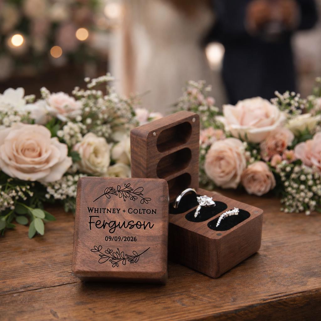 Personalized Walnut Triple Ring Box