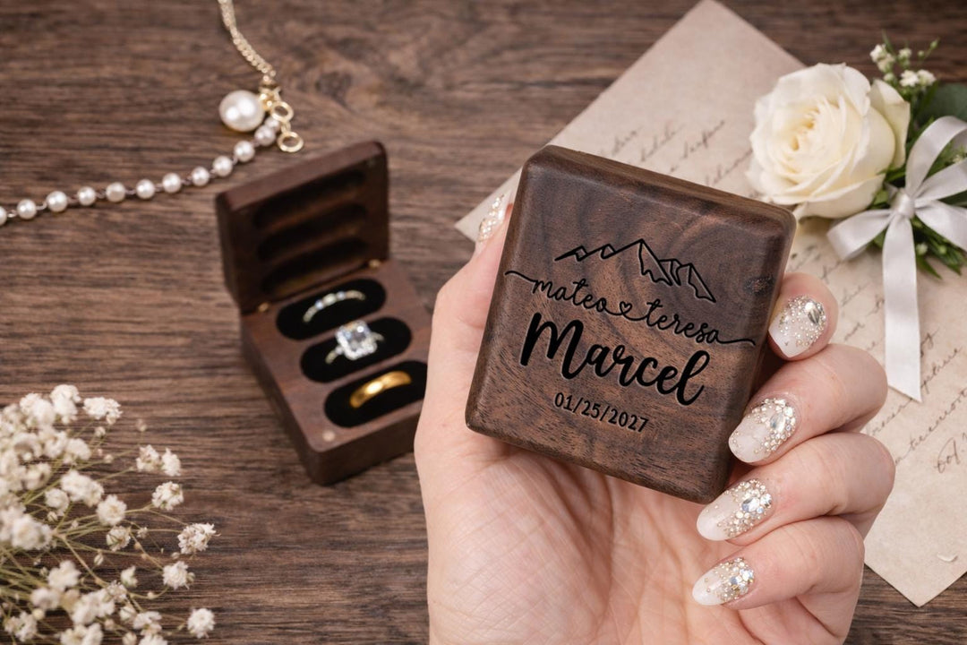 Personalized Walnut Triple Ring Box (3 Slot)