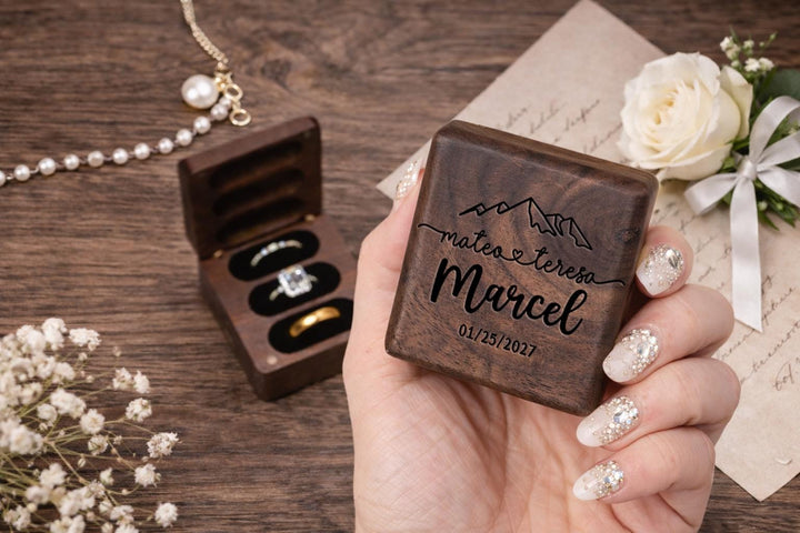 Personalized Walnut Triple Ring Box (3 Slot)