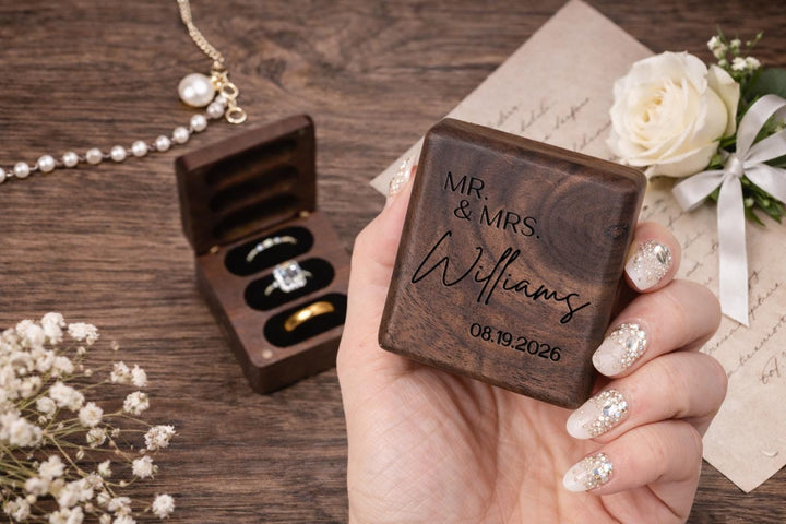 Personalized Walnut Triple Ring Box