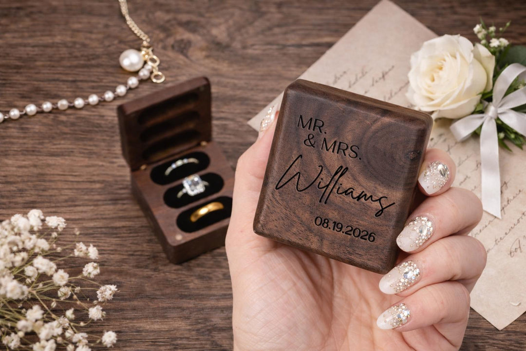Personalized Walnut Triple Ring Box (3 Slot)