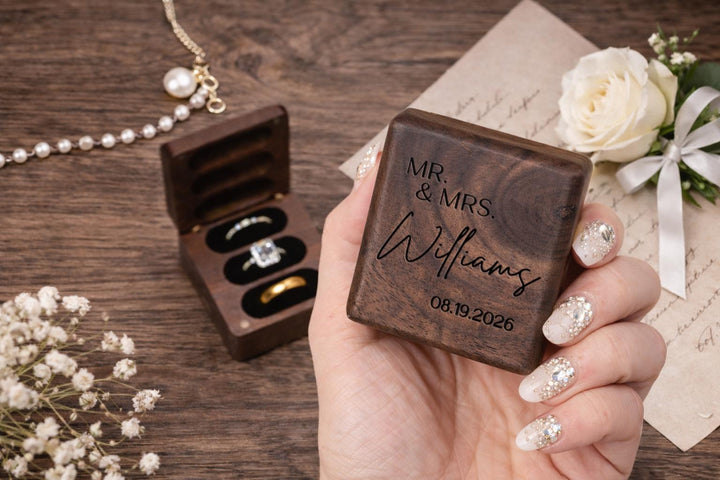 Personalized Walnut Triple Ring Box