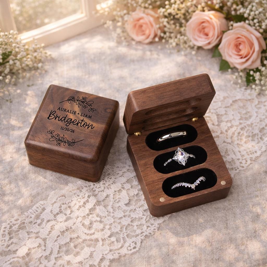 Personalized Walnut Triple Ring Box (3 Slot)