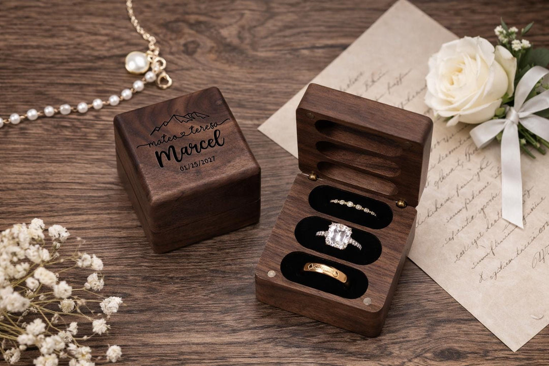 Personalized Walnut Triple Ring Box (3 Slot)