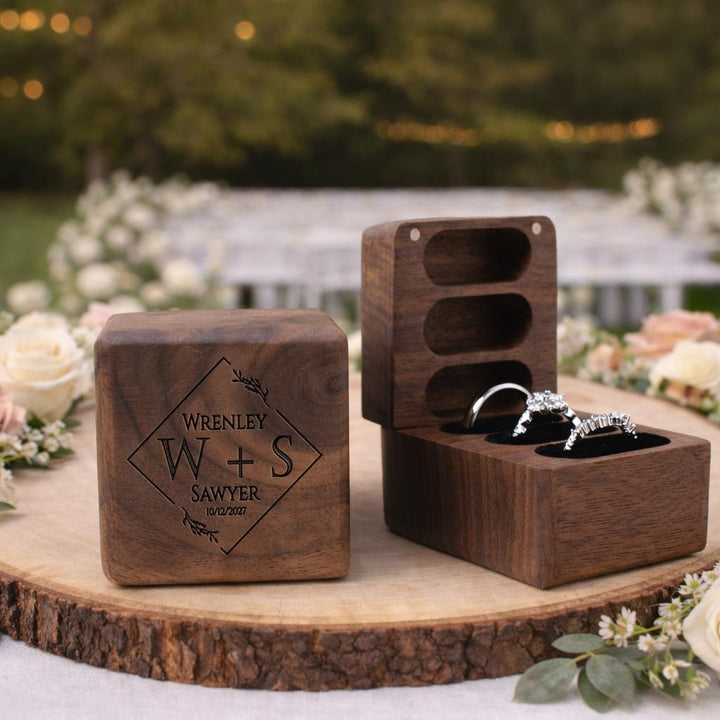 Personalized Walnut Triple Ring Box