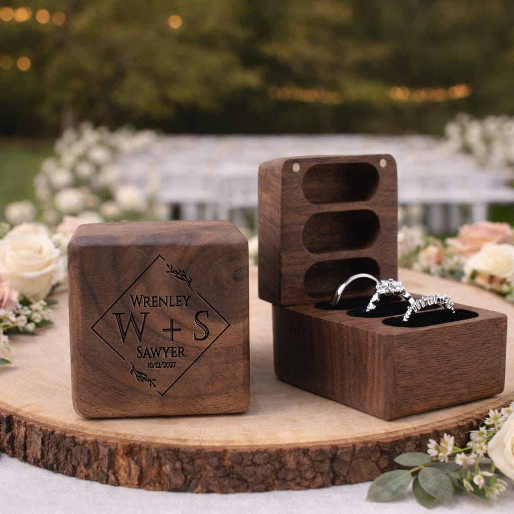 Personalized Walnut Triple Ring Box (3 Slot)