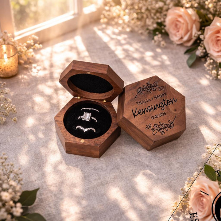 Personalized Walnut Hexagonal Wedding Ring Box