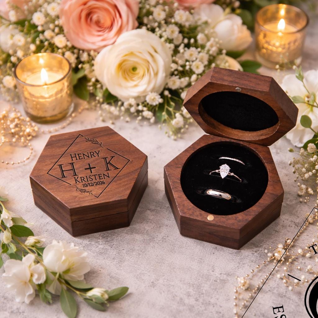 Personalized Walnut Hexagonal Wedding Ring Box