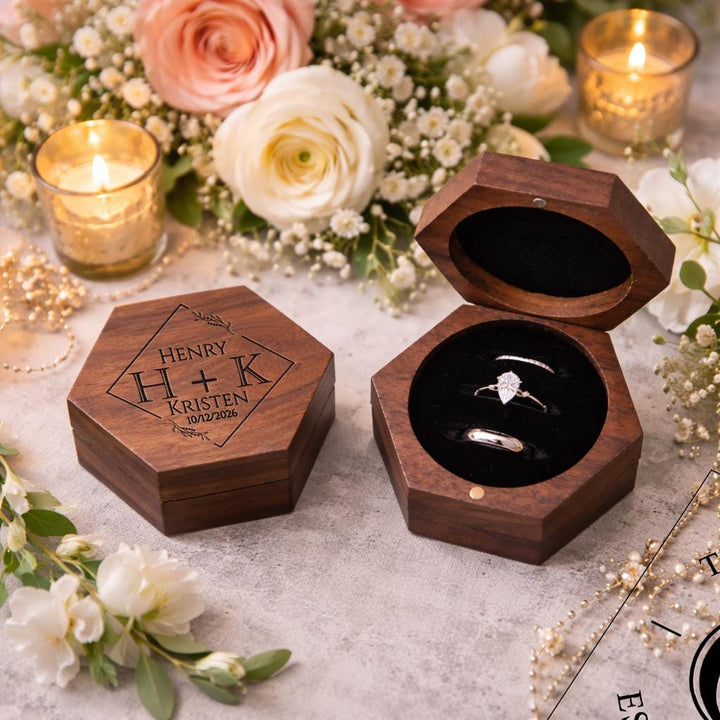 Personalized Walnut Hexagonal Wedding Ring Box