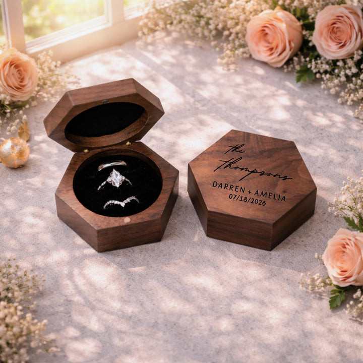 Personalized Walnut Hexagonal Wedding Ring Box