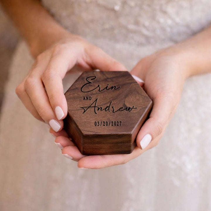 Personalized Walnut Hexagonal Wedding Ring Box