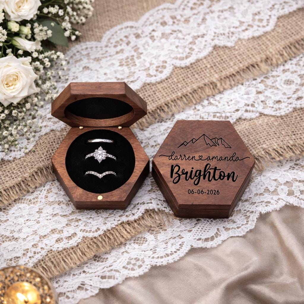 Personalized Walnut Hexagonal Wedding Ring Box