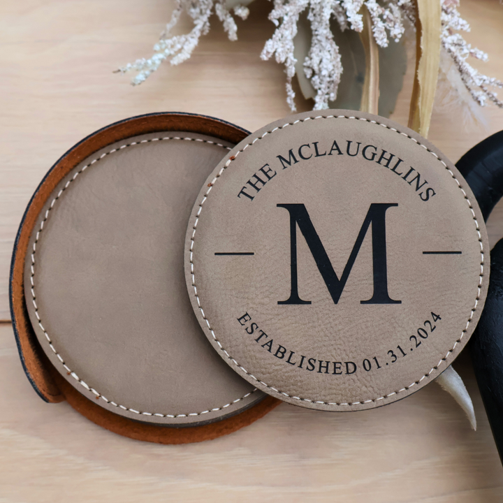 Custom Coaster Set. Engraved Round Leatherette Coasters