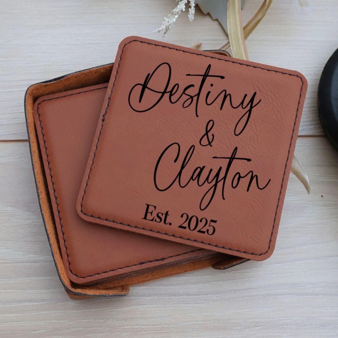 Custom Leatherette Square Coasters. Set of 6. Engraved Square Leatherette Coasters