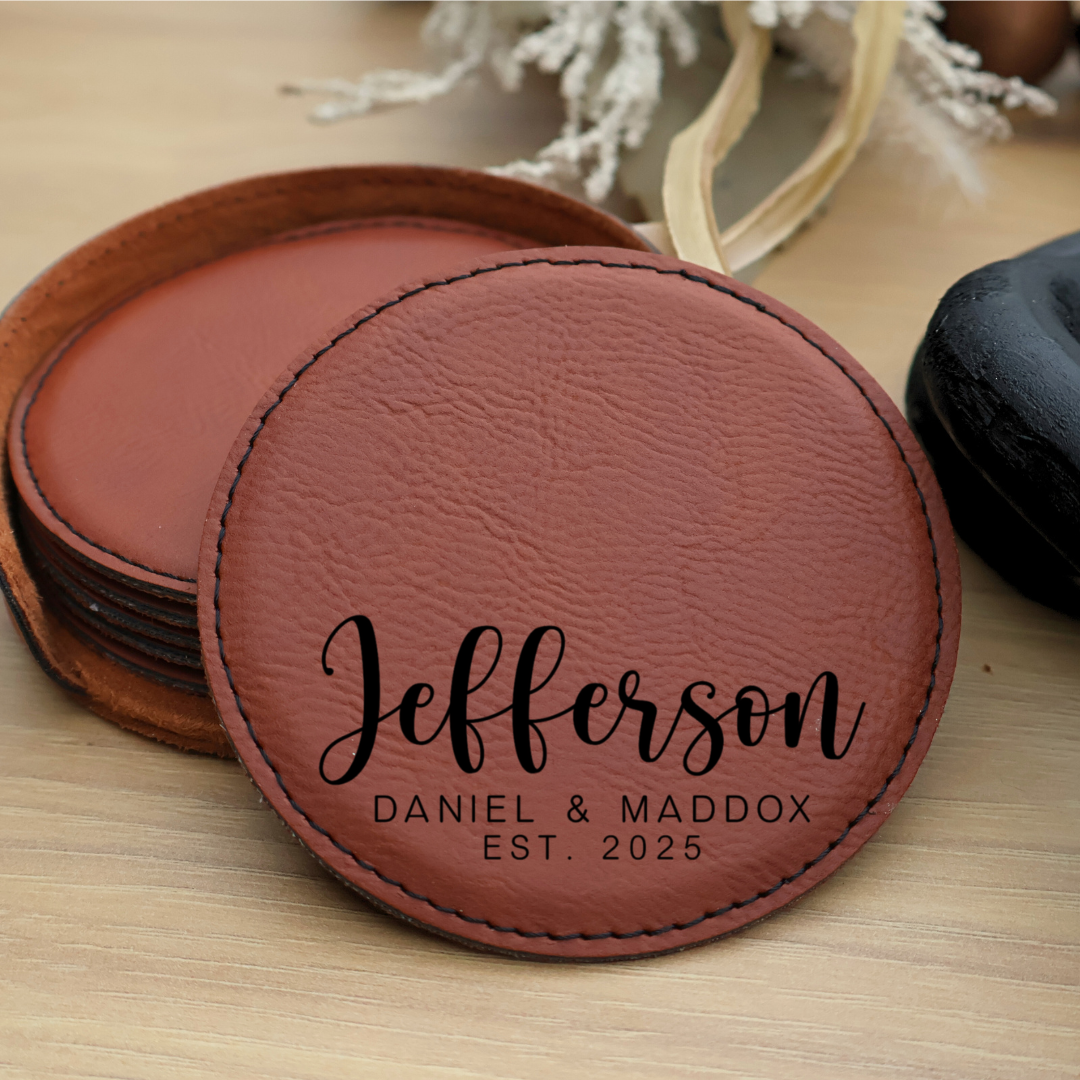 Custom Coaster Set. Engraved Round Leatherette Coasters