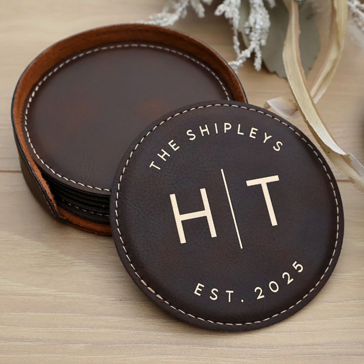 Custom Coaster Set. Engraved Round Leatherette Coasters