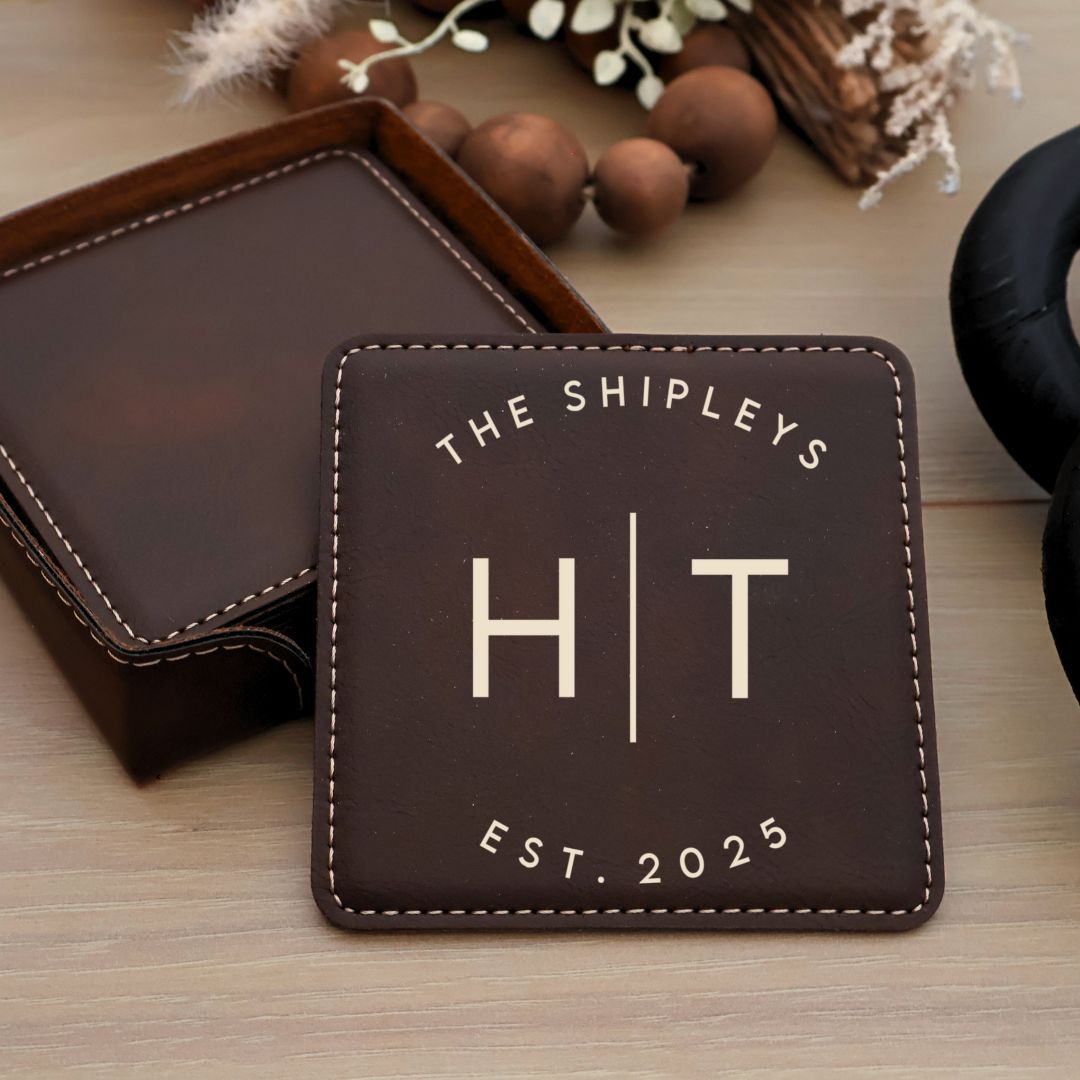 Custom Leatherette Square Coasters. Set of 6. Engraved Square Leatherette Coasters