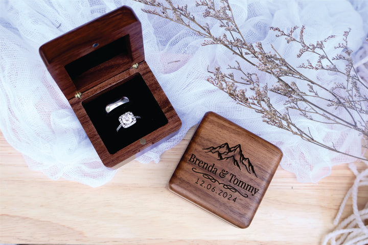 Square Wedding Ring Box For Proposal, Engagement, Wedding Day, Anniversary. Engraved Square Ring Box