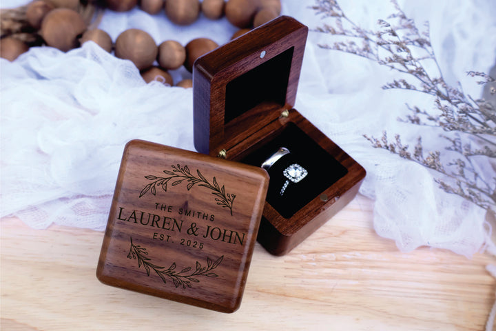 Square Wedding Ring Box For Proposal, Engagement, Wedding Day, Anniversary. Engraved Square Ring Box